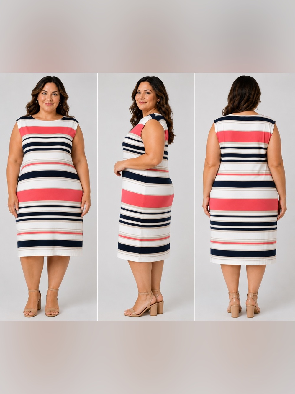 Chico’s Coral Navy Stripe Midi Dress Size 3